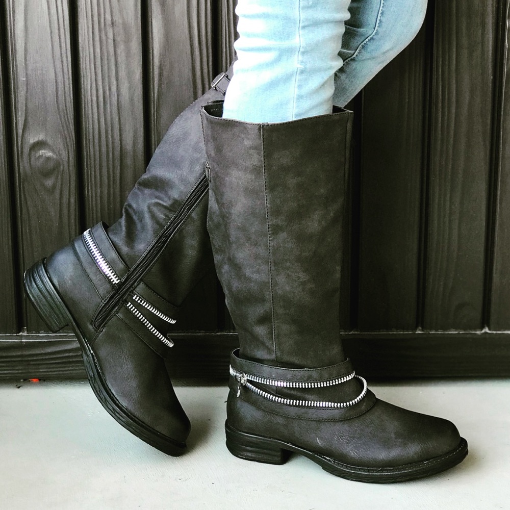 Matte Black Rugged Distressed Harness Zipper Boots - Picture 1 of 8